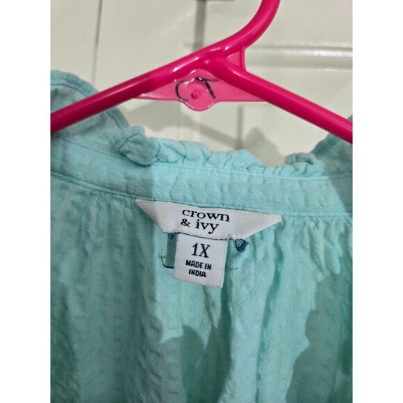 Crown & Ivy 1X Womens Aqua Short Sleeve Button Front Textured Cotton Blouse - Picture 1 of 4